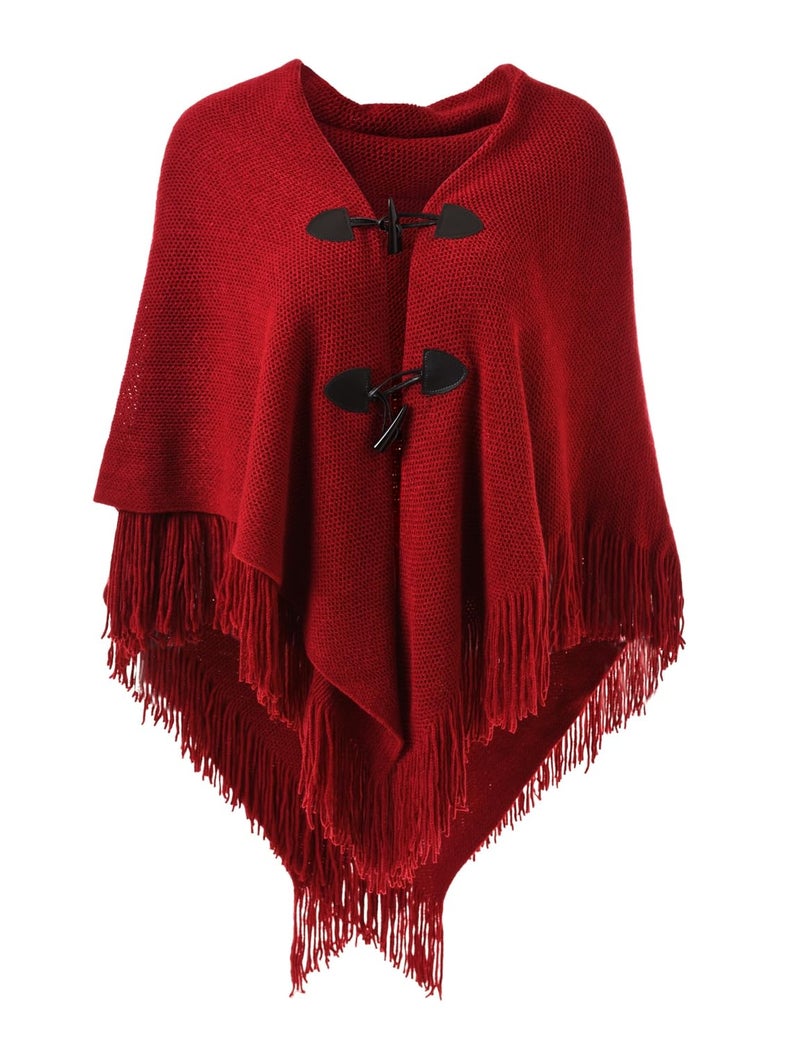 Ferand Shawl Wraps for Women â€“ Toggle Closure, Elegant Fringe Shawl for Travel, Work, or Casual Outfits, Perfect for Fall Layering, Red - Image 1